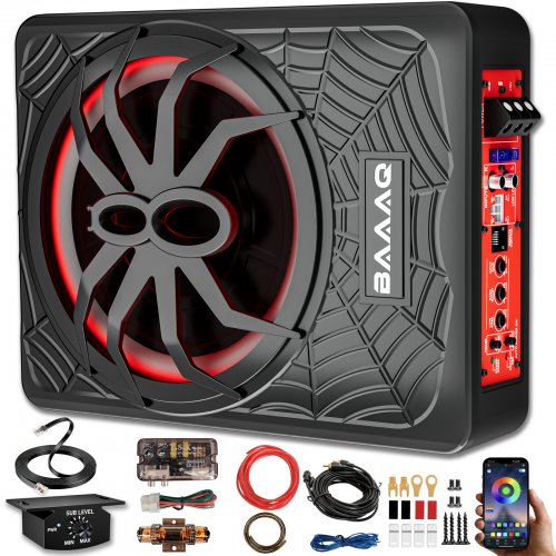 Baaaq Slim Underseat Powered Car Subwoofer, 2026 Upgraded 10 inch 1200W Car/Truck Audio Sub Built-in Amplifier amp Combo Package, Powerful bass and RGB LED Ambient Light